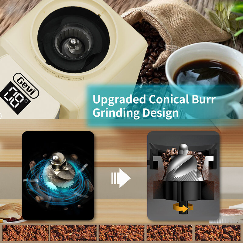 Gevi młynek do kawy regulowany Burr Mill z 35 precyzyjne ustawienia Grind do kawy Espresso/Drip 120V/200W GECGI406B-U7 beżowy