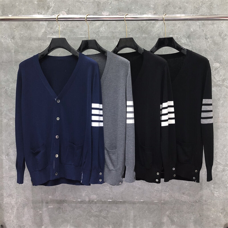 TB THOM Wool Sweaters Men Women Slim V-Neck Cardigans Clothing Striped Cotton Wool Spring and Autumn High Quality Sweater Coat