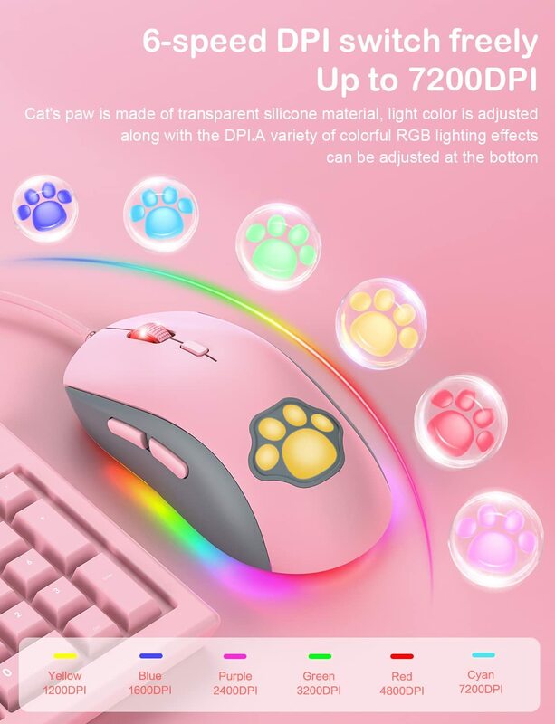 Cat Paw RGB Mouse da gioco Mouse ottico silenzioso USB Wired DPI 7200 RGB 6 pulsanti programmabili per Windows/Vista/Linux