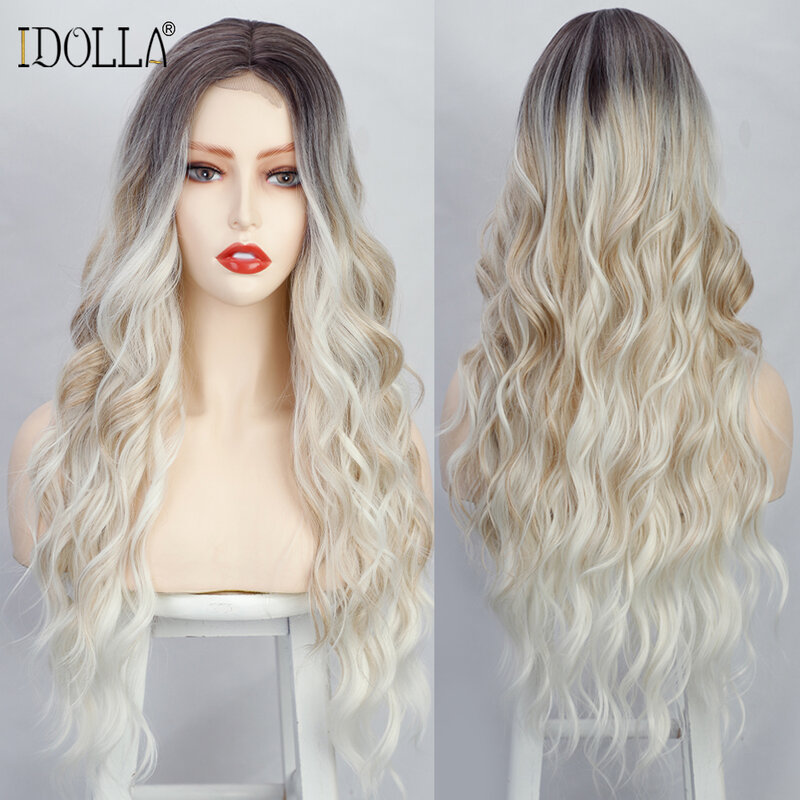 Idolla – perruque Lace Wig synthétique Body Wave longue brune ombrée, perruque avec raie centrale pour femmes noires et blanches, Cosplay d'halloween et de noël