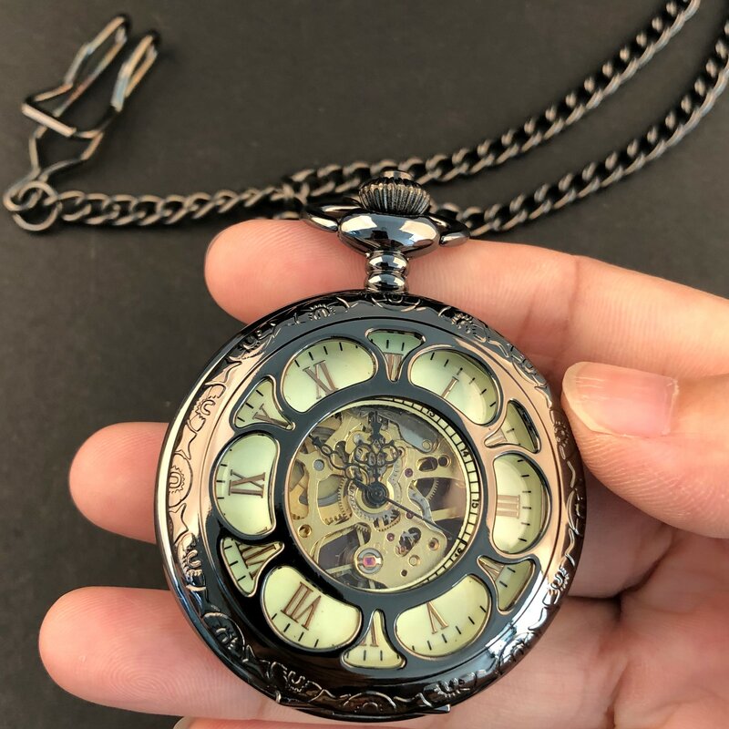 Mechaniczny kieszonkowy zegarek Skeleton kwiatowy spersonalizowany zegar modny, z kieszeniami z na łańcuszku FOB zegarkami prezent dla kobiet