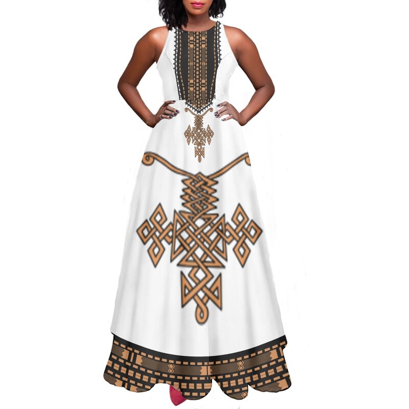 Ethiopische Ontwerp Print Jurk Custom Gepersonaliseerde Patroon Mouwloze Casual Dress Elegante Vrouwen Fashion Midi Jurk