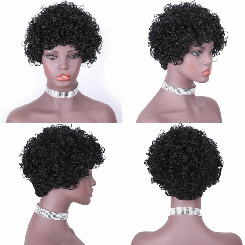 Wig Rambut Manusia Potongan Pixie Pendek Rambut Remy Keriting Wig Buatan Mesin Penuh Rambut Brasil untuk Wig Wanita Hitam