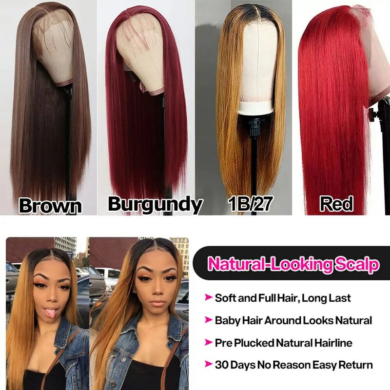 Wig Sintetis Renda Depan Lurus Sutra untuk Wanita Wig Renda Panjang Tahan Panas dengan Rambut Bayi Wig Renda Cosplay Merah Coklat