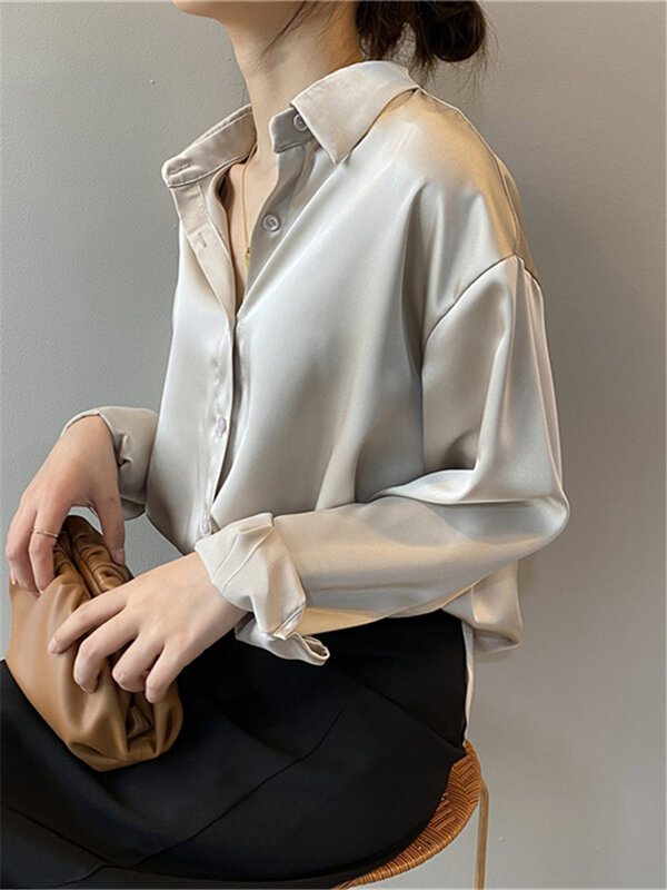 Colorfiath blusa de cetim feminina, camisa casual grande de 4 cores fashion para escritório bl0726, primavera verão 2021