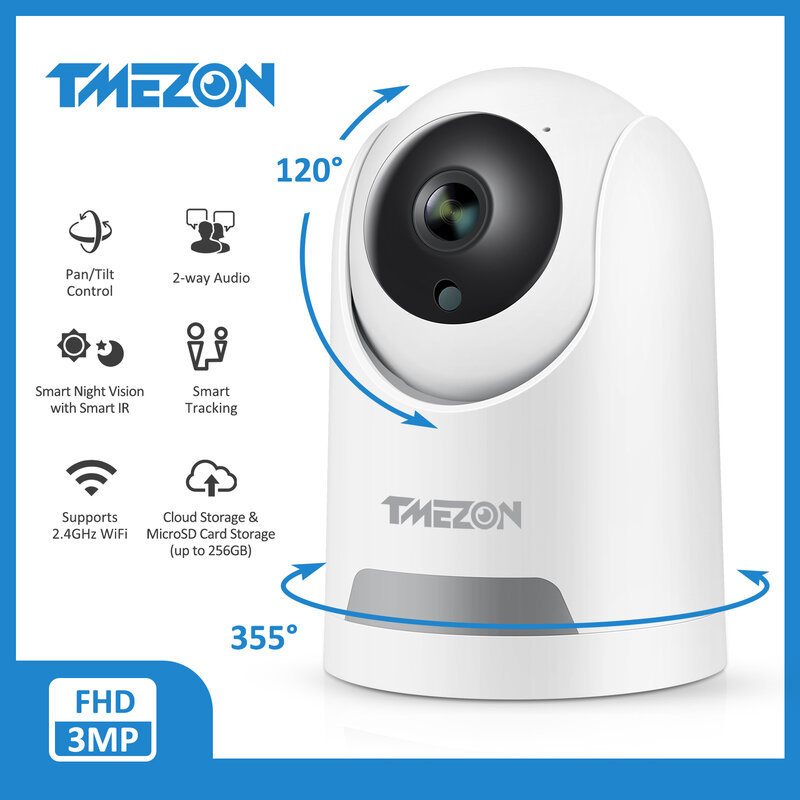 Tmezon-ワイヤレスホームセキュリティカメラ,ベビーモニター,3mp,防水,wifi,360