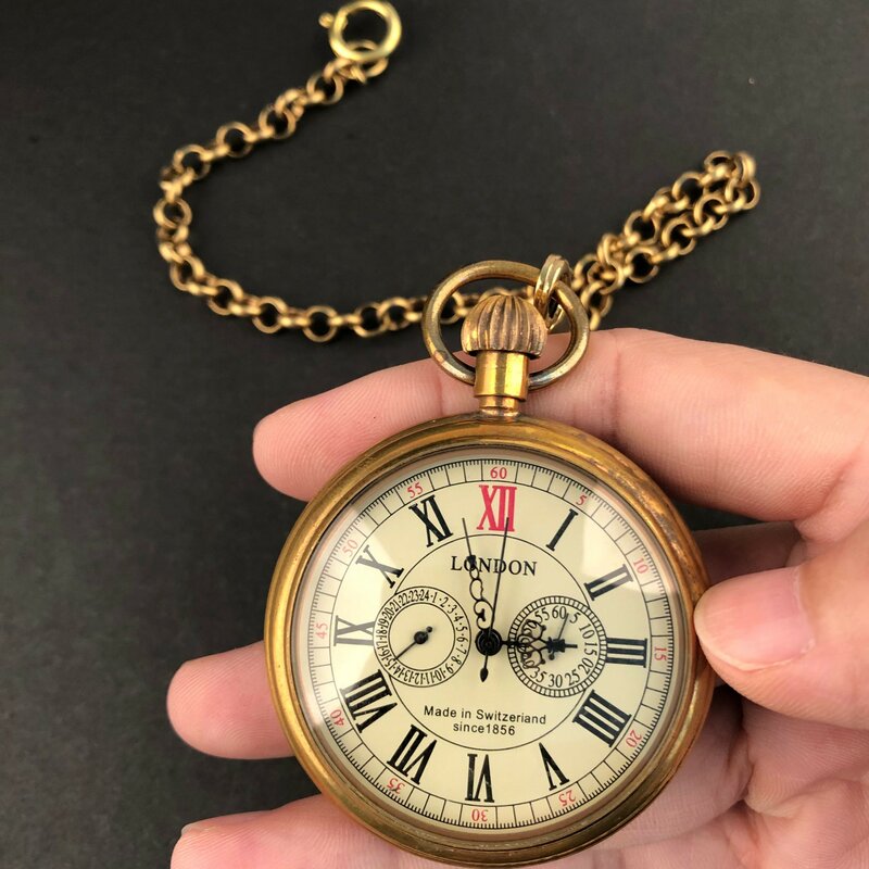 Antyczna miedź London 1856s mechaniczny ręczne nakręcanie zegarki kieszonkowe szkielet męski zegarek kieszonkowy 30cm Chain Art Collection