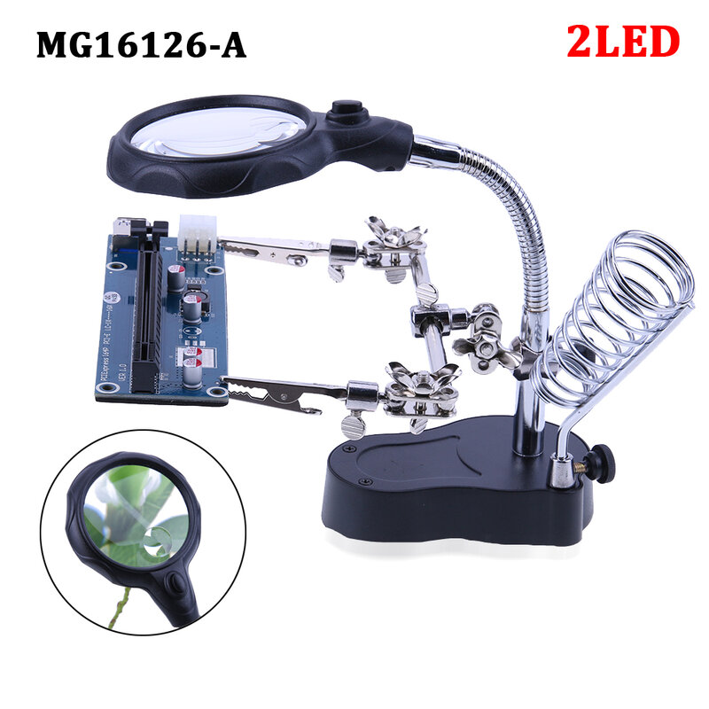 Desktop Magnifying Glass  2LED Light Lens Auxiliary Clip Loupe  Magnifier Third Hand Soldering Stand Repair Tool for Solder
