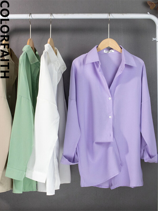 Colorfaith New 2022 Solid Multi Colors Lapel Elegant Lady Office Korean Fashion Wild Chic Spring Women's Blouse Pink Tops BL1383