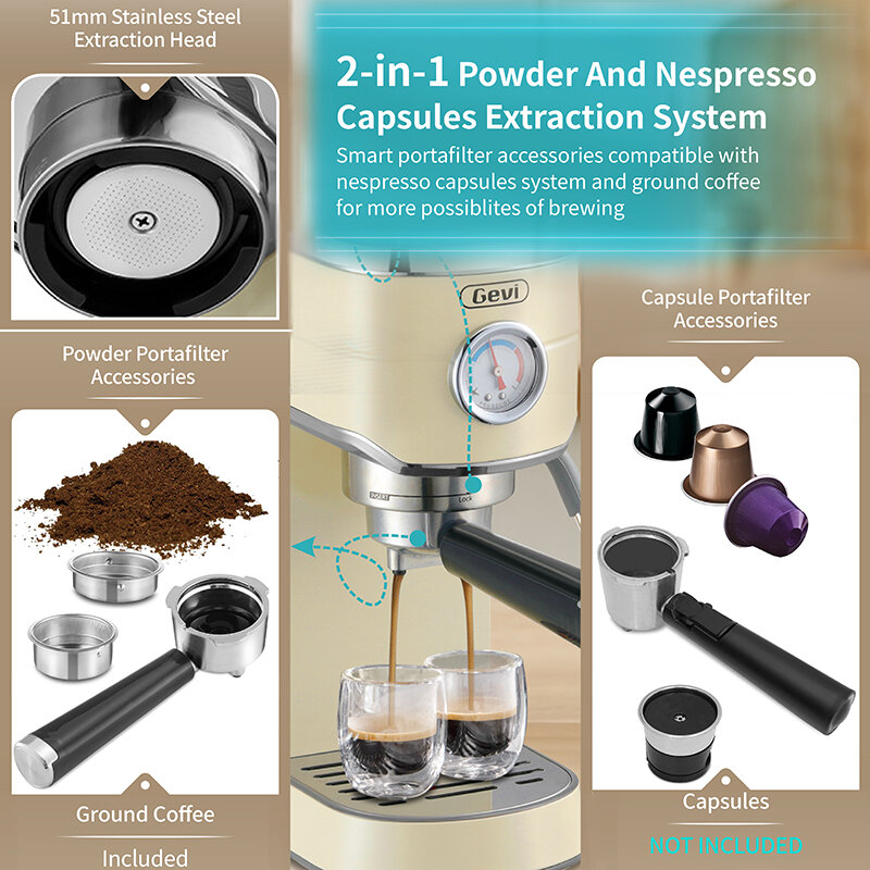 Gevi 20 Bar Kompak Profesional Mesin Kopi Espresso dengan Gevi Duri Penggiling Kopi Set untuk Latte GECME418E-U + GECGI406B-U7
