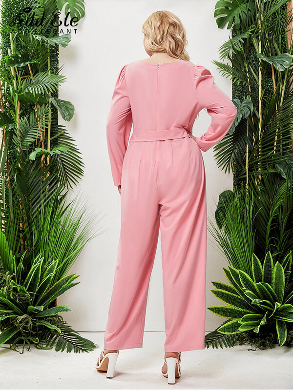 Adicionar elegante macacões tamanhos grandes para mulher 2022 outono o pescoço rosa auto-tie cinto botão moda manga longa commuter macacão b1114