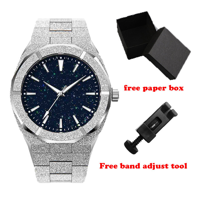 Gratis Verzending 42Mm Luxe Rvs Waterdicht Paul Rijke Stijl Frosted Star Dust Zilveren Heren Quartz Horloges