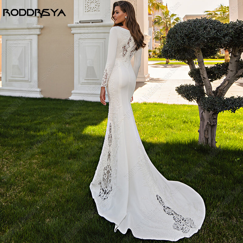 Свадебное платье с юбкой-годе RODDRSYA, мягкие атласные платья с длинным рукавом, свадебное платье с иллюзионной аппликацией и пуговицами на спине