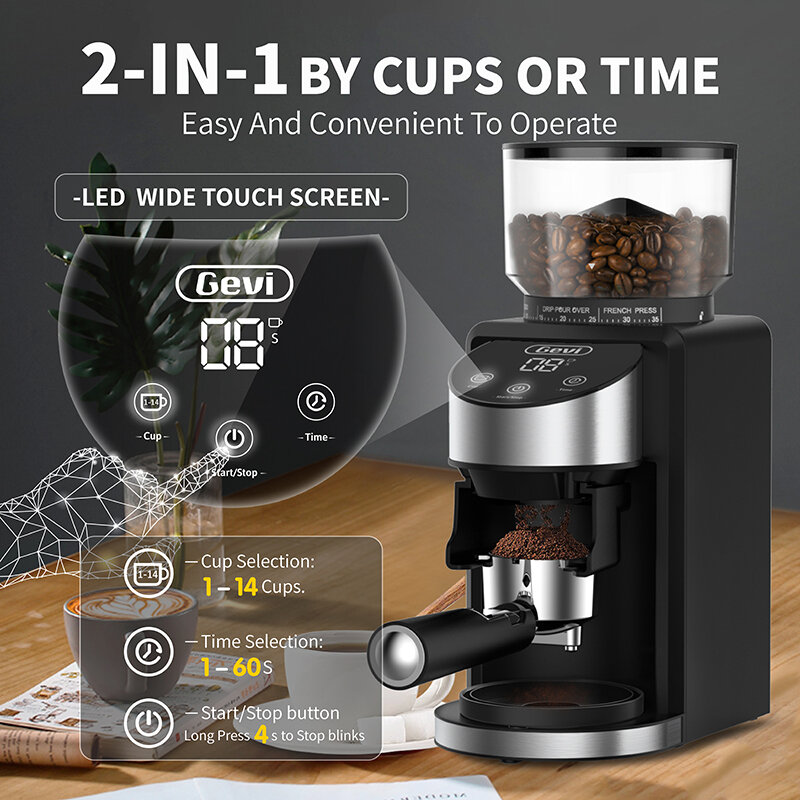 Кофемолка Gevi Burr, электрическая регулируемая кофемолка с 35 точными настройками помола 120 В/200 Вт для эспрессо