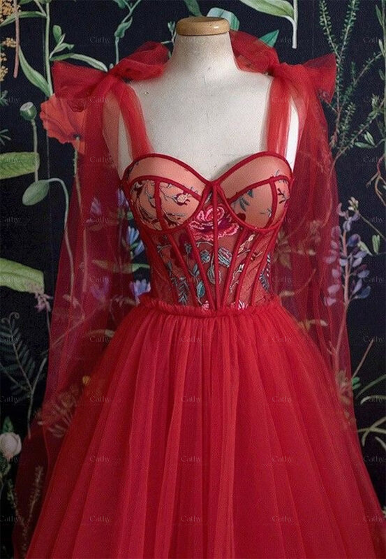Cathy Red Bow Shoulder Strap Prom Dresses Sexy Sweetheart Evening Gorgeous Custom Party Dresses Vestidos De Fiesta