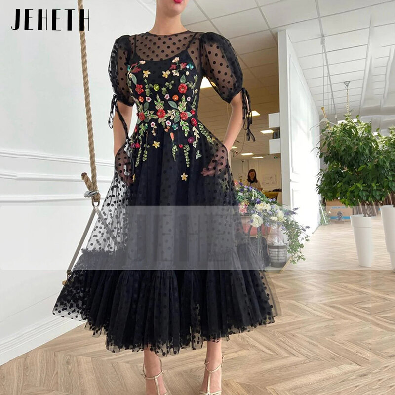 JEHETH Black Puff Sleeves Dots Tulle O-Neck Prom Dress Embroidery Applique A Line Evening Gown Party with Pockets Tea Length