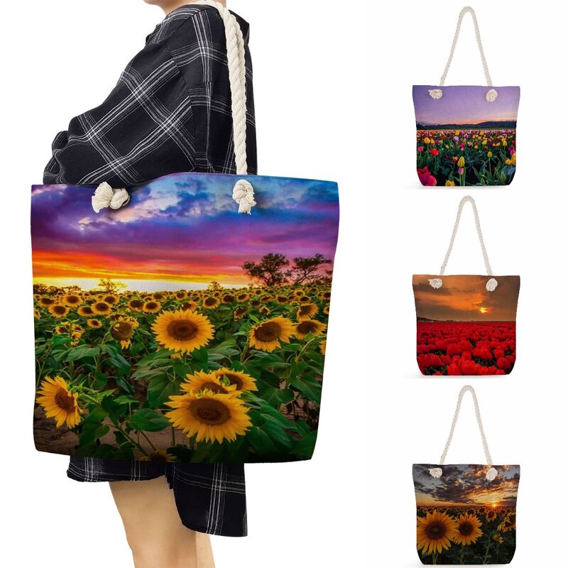 Female Landscape Floral Shoulder Bag Sunflower Print Handbags For Women Casual Shopping Tote Bags High Capacity Travel Beach Bag