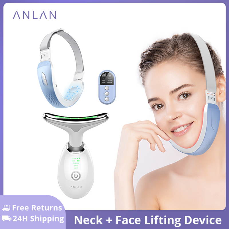Устройство для красоты лица и шеи ANLAN, устройство для лифтинга v-образного лица, EMS, массаж, светодиодный, фотон, светильник, терапия, уменьшение двойного подбородка, против морщин