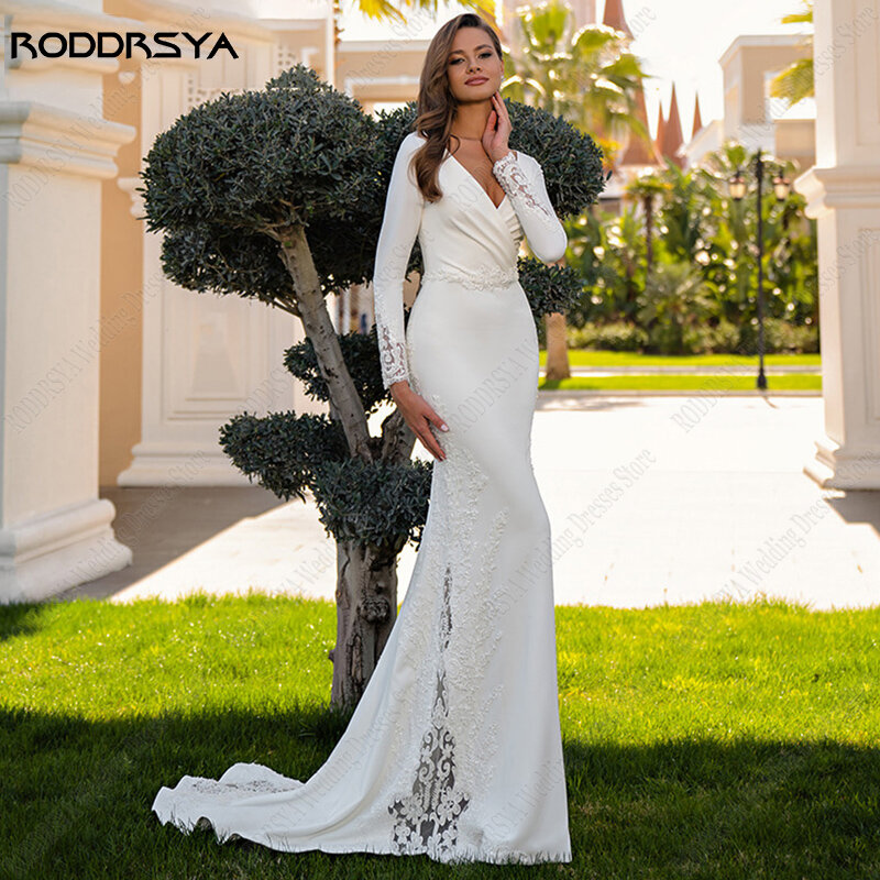 Rodddrsya suknia ślubna syrenka miękka satyna z długim rękawem Vestidos De Noiva Mariage Illusion aplikacje z guzikiem suknia ślubna