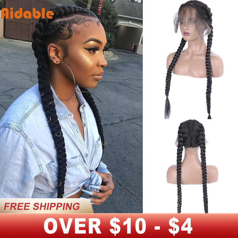 Peluca sintética trenzada para mujeres negras, peluca larga de encaje con 2 trenzas, caja africana, trenzas de aciano para fiesta de Cosplay