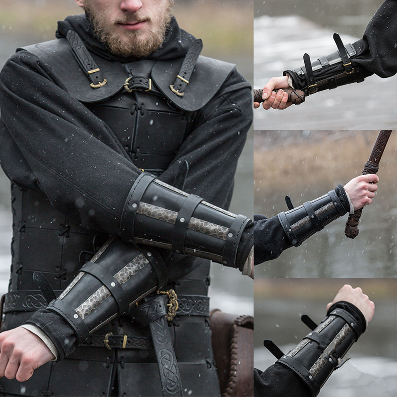 Combate medieval Viking Guerreiro Armadura Larp Cavaleiro Arm Guard Wrist Buckle Strap PU Leather Bracer Rivet Gauntlet Costume Props