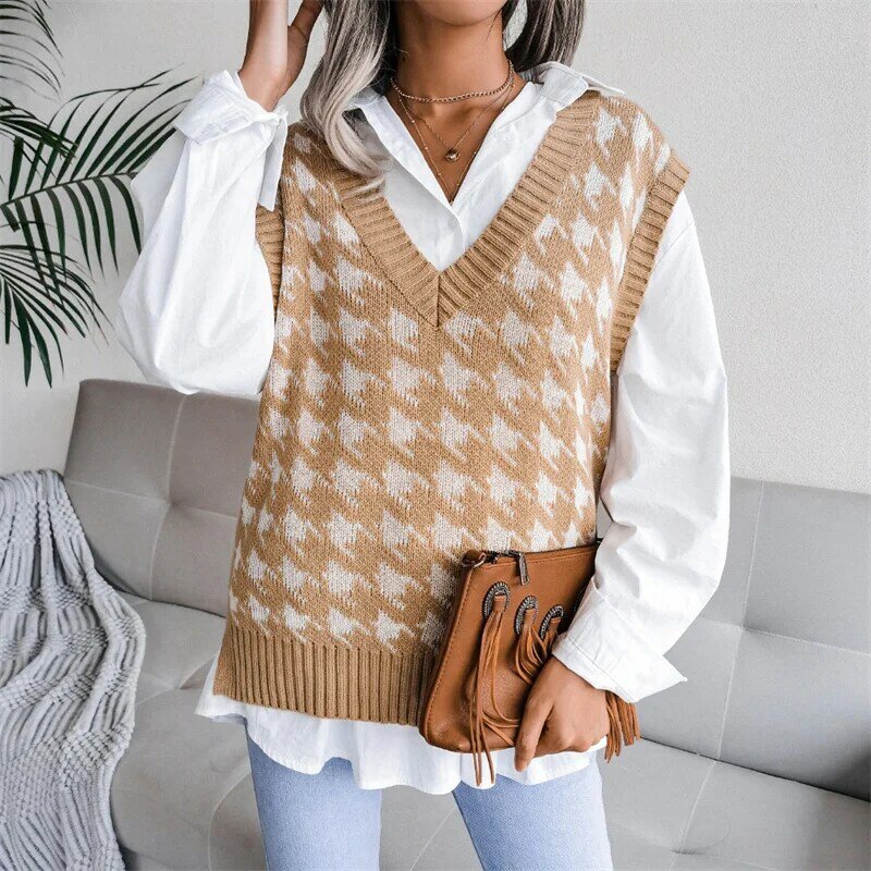 Knowell Houndstooth Knitted Vest Women'S Sweater Oversized Sleeveless Sweaters Vests Pullovers Plaid Print Y2K Top Autumn Winter