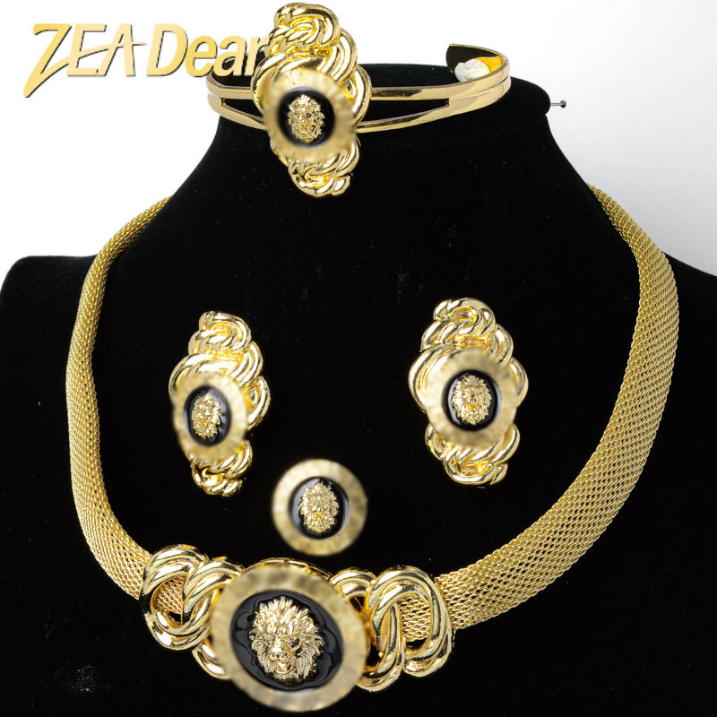Zeahun Set Perhiasan Kepala Singa Anting Berlapis Emas Minyak Hitam Kalung Gelang Cincin untuk Wanita Klasik Trendi Pakaian Sehari-hari Pesta