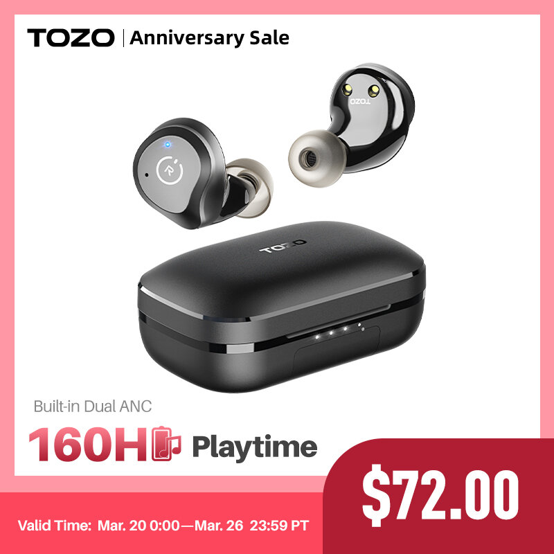 TOZO NC9 Plus Earphone Bluetooth, Earbud Nirkabel dengan Noise Cancelling Aktif Hybrid dengan IPX6 Tahan Air 120H Waktu Putar