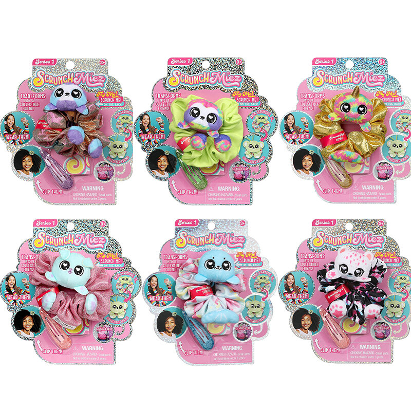 Original scrunchmiez brinquedos surpresa crianças brinquedos bonito dos desenhos animados pelúcia boneca cabelo gravata, saco pingente, pulseira
