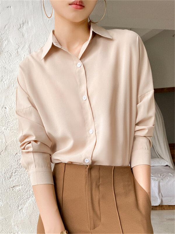 Colorfaith New 2022 Solid Multi Colors Lapel Elegant Lady Office Korean Fashion Wild Chic Spring Women's Blouse Pink Tops BL1383