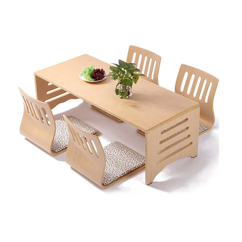 Juego de mesa y silla de comedor de estilo japonés, patas de mesa de madera maciza bajas, plegables, estilo asiático, 5 unids/set