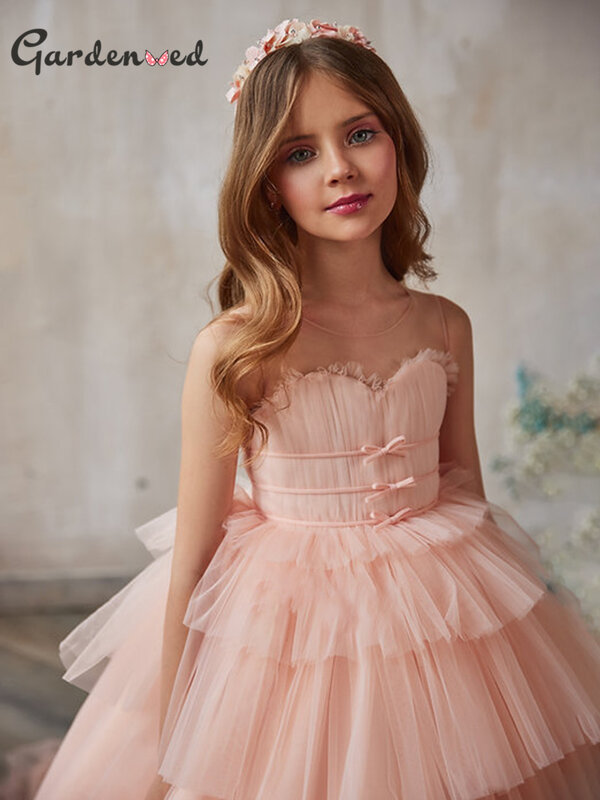 Puffy princesa vestido de aniversário crianças camadas vestidos da menina de flor oi-baixo vestido de princesa bonito primeiro comunhão vestidos