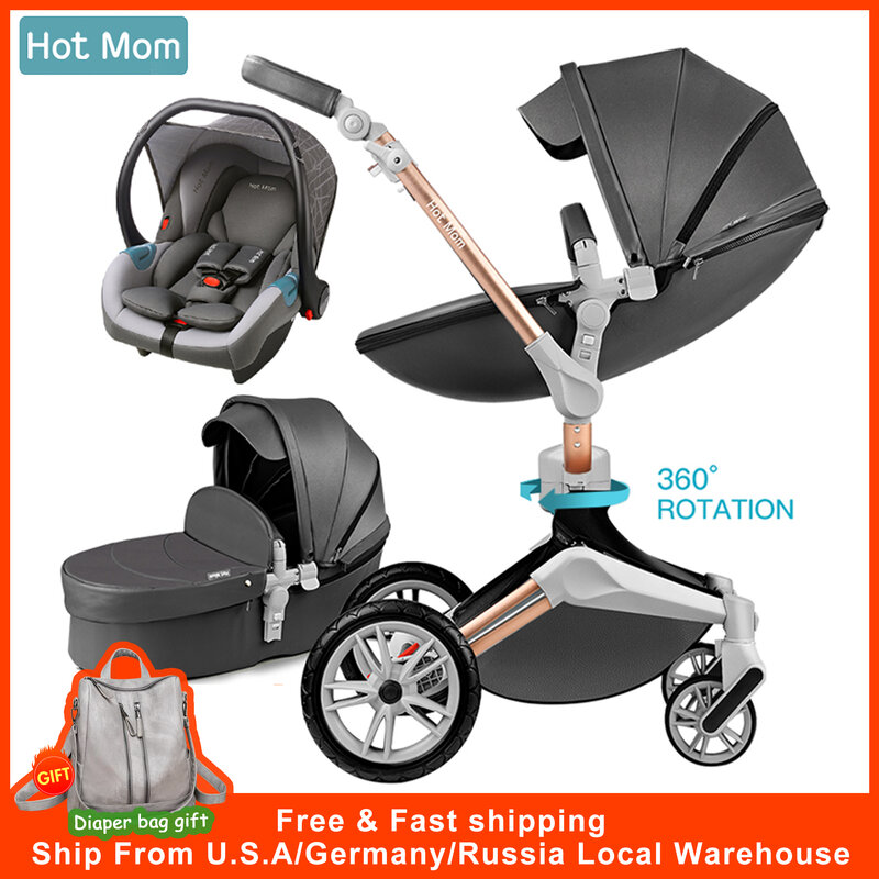 Hot Mom Baby Stroller com assento de carro, berço para recém-nascidos, 360 ° Girar, Pram de viagem, 3 em 1, frete grátis, F023