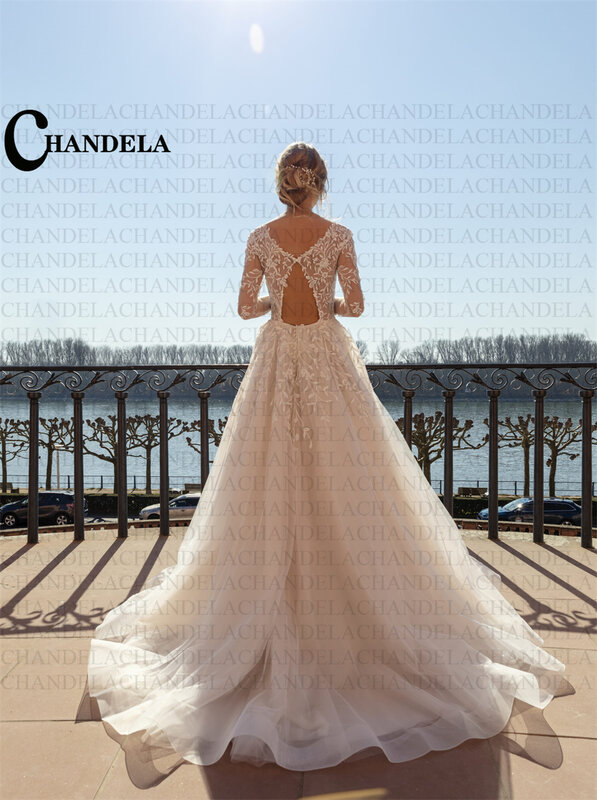 Классическое Свадебное Платье CHANDELA с длинными рукавами и глубоким круглым вырезом, ТРАПЕЦИЕВИДНОЕ свадебное платье, изготовленное на заказ, свадебное платье для женщин