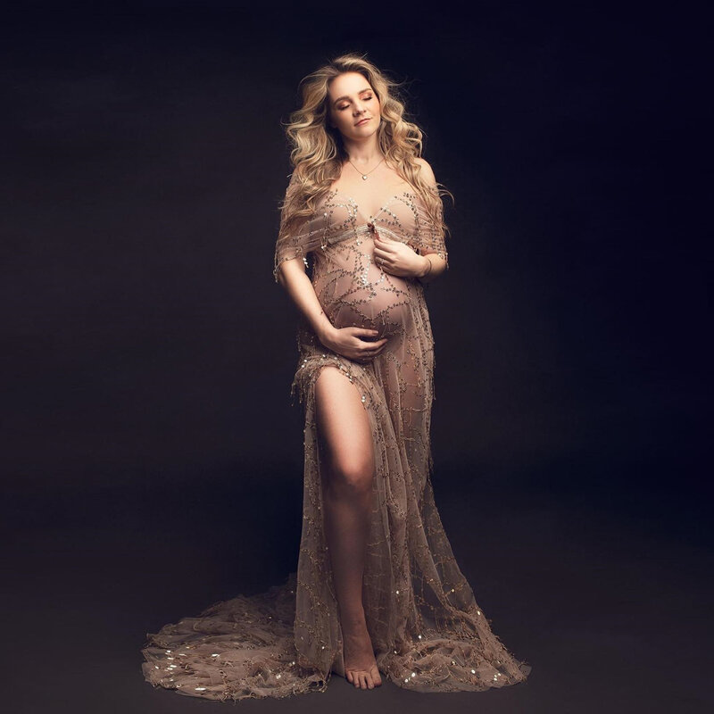 ชุดเดรสทรงหลวมอุปกรณ์ถ่ายภาพการตั้งครรภ์แต่งพู่เลื่อมชุดอุ้มท้องถ่ายภาพโบฮีเมียนสำหรับหญิงตั้งครรภ์