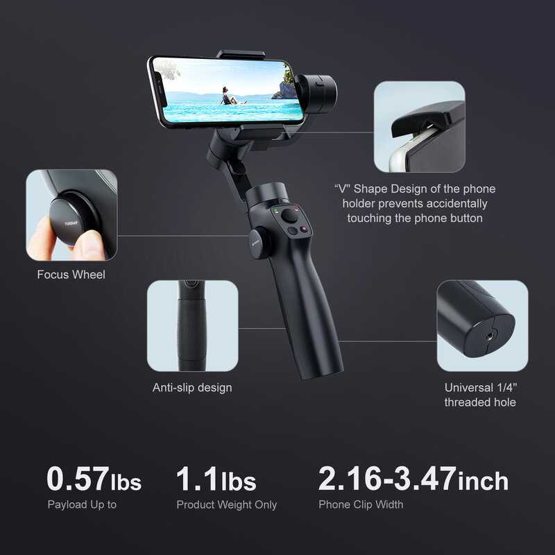 CERASTES Capture2s 3 Trục Gimbal Ổn Định Với Trọng Tâm Bánh Xe Quay Vlog Cho iPhone 13 12 Pro Max Samsung s21 S20 Android