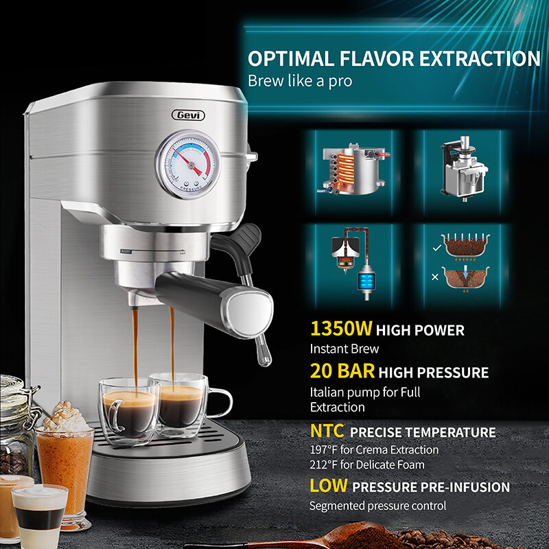 Mesin Kopi Espresso Gevi Profesional Ringkas 20 Bar dengan Pengocok Susu/Tongkat Uap untuk Espresso Latte Cappuccino GECME418E-U