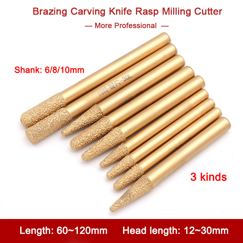 1Pc 6~12mm Brazing Carving Knife Rasp Milling Cutter for Lettering Woodwork Carving Amber Jade Polishing Grinding Engraving Tool