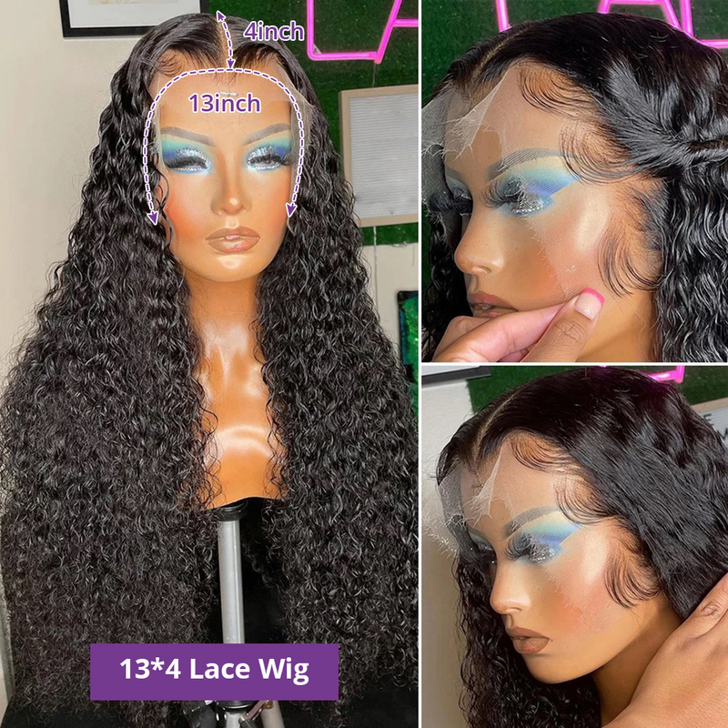 Peluca Frontal de onda profunda de 13x4 para mujer, cabello humano brasileño transparente con encaje Frontal, peluca prearrancada con cierre 4x4