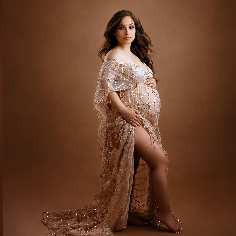 ชุดเดรสทรงหลวมอุปกรณ์ถ่ายภาพการตั้งครรภ์แต่งพู่เลื่อมชุดอุ้มท้องถ่ายภาพโบฮีเมียนสำหรับหญิงตั้งครรภ์