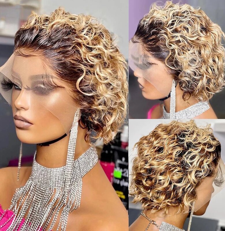 Peluca de cabello humano rizado con corte Pixie para mujer, pelucas de cabello humano con encaje Frontal, Perruque Cheveux Humain