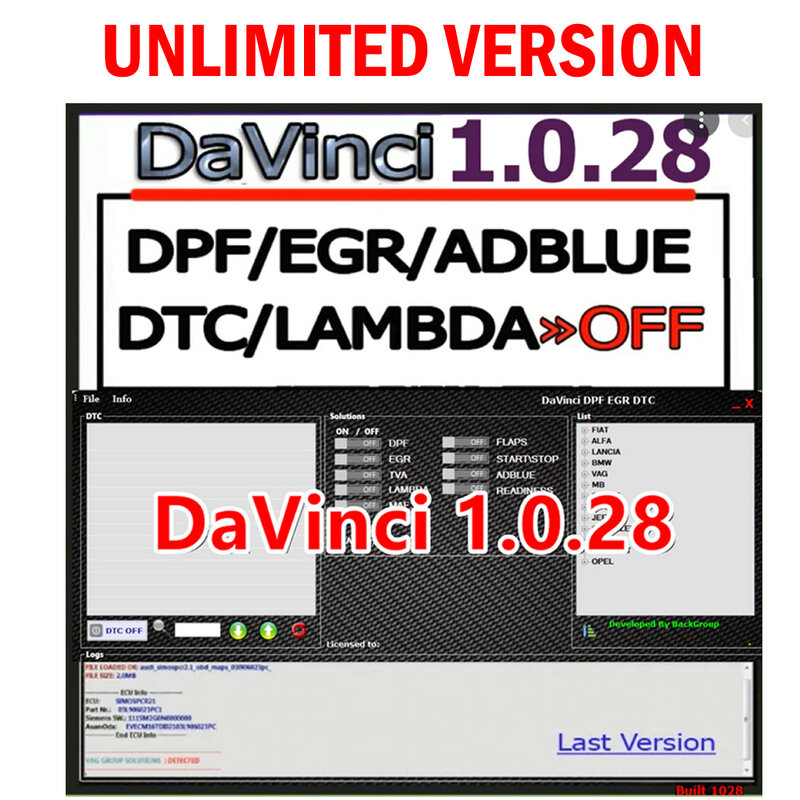 Davinci 1.0.28 Unlimited Activate DPF EGR FLAPS ADBLUE OFF Working On Windows10-11