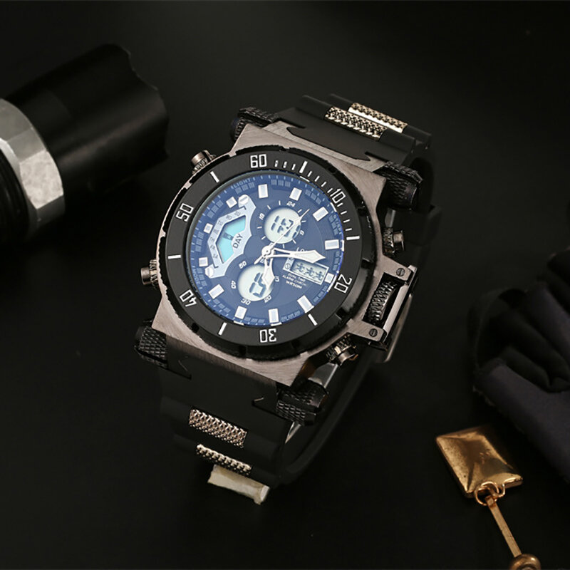 LOQNCE Multifunctional Dual Display Casual Man's Wristwatches Waterproof Silicone Strap Quartz Watches Men Alarm, Chronograph,