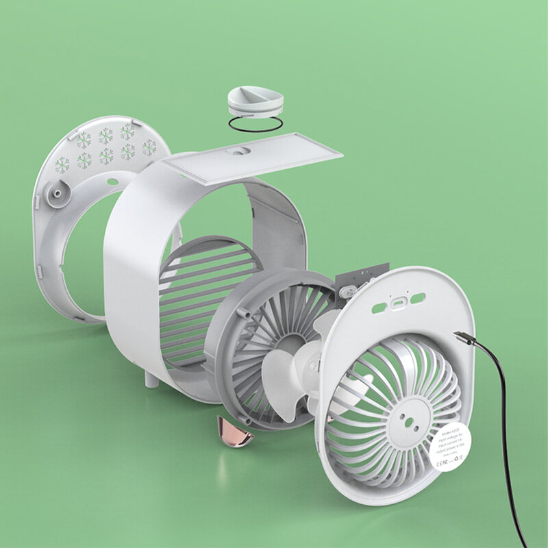 Ventilador condicionado portátil com 3 engrenagens, umidificador com luz noturna e recarregável, ventilador e refrigerador de ar pessoal para escritório