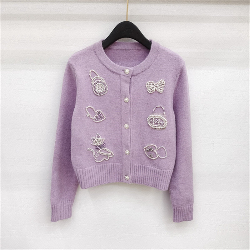 Cartoon Bow Applique Lilac Cropped Cardigan Button-Down V-Neck Harajuku Sweater Violet Purple Fuzzy Knit Cardigan For Women