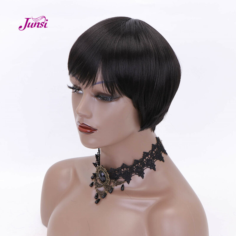JUNSI krótkie proste włosy czarne różowe ciemnozielone fryzura Pixie peruki dla czarnych kobiet peruka do Cosplay