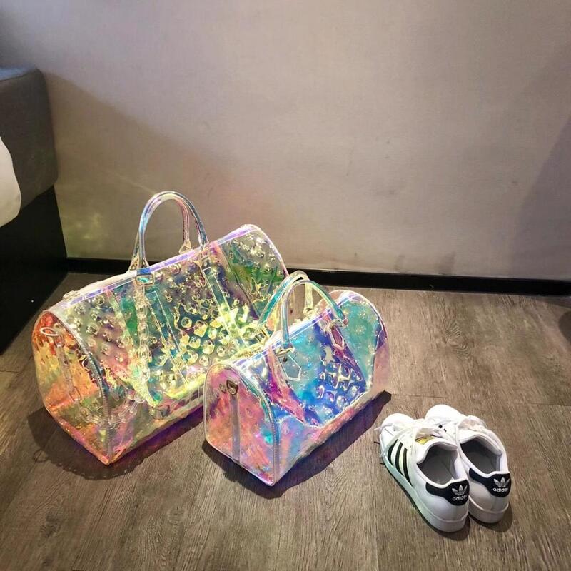 Classic Print Rainbow Laser Gril Sport Bag Shine Women Travel Handbag PVC Holographic Luggage Transparent Lady Tote Suitcases