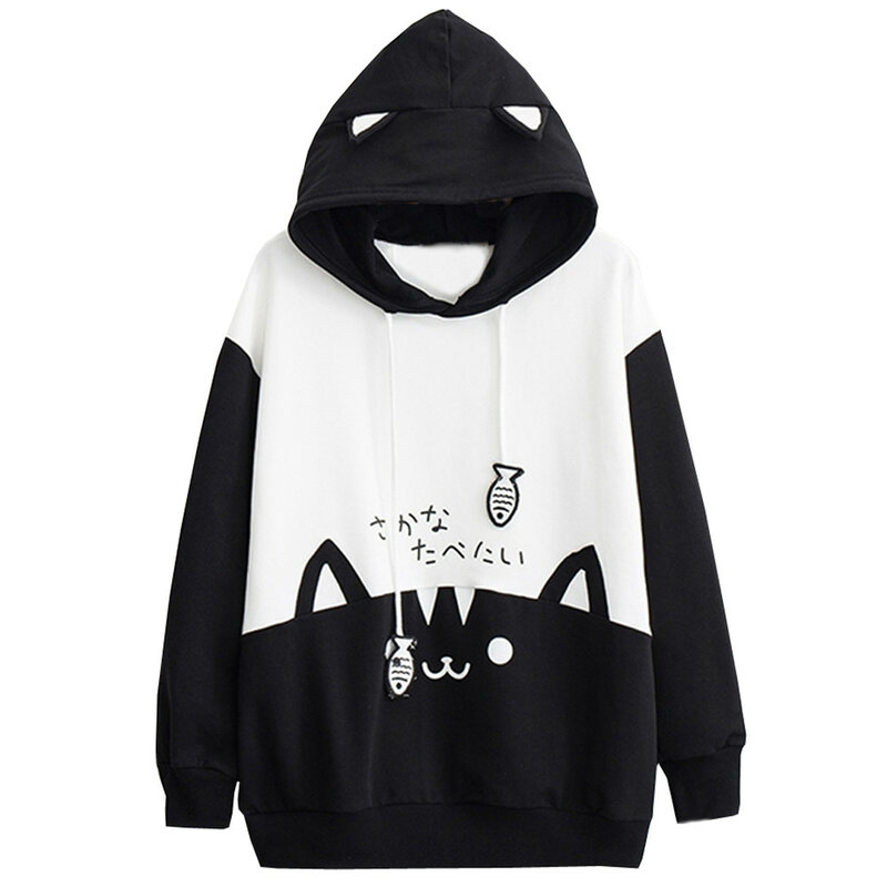 가을 겨울 여성 스웨터 후드 블랙 코튼 캐주얼 긴 소매 키티 고양이 프린트 포켓 얇은 까마귀 블라우스 탑 셔츠