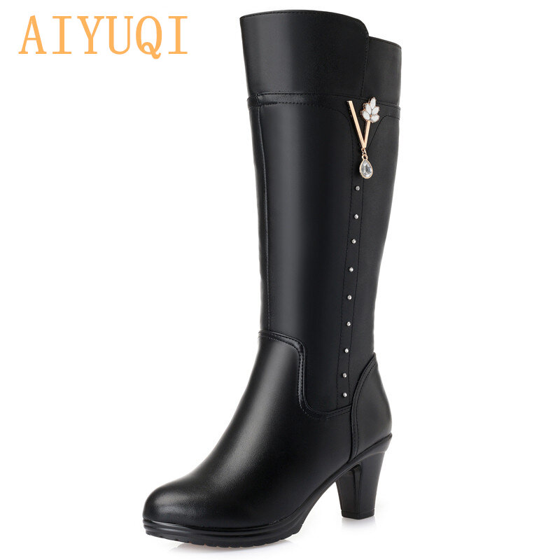 Women's winter boots 2021 new genuine leather female boots size 43 warm high-heeled wool boots women trend riding boots women