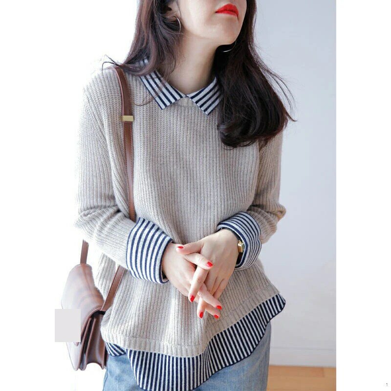 Autumn and winter new fake two-piece splicing shirt wool knit sweater women Japanese fashion casual  sweater women